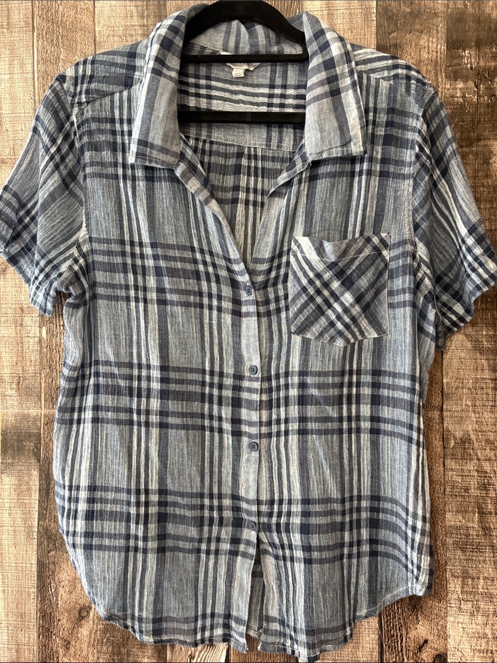 Lucky Brand Gauzy Blue Plaid Button-Up Short Sleeve Shirt-M